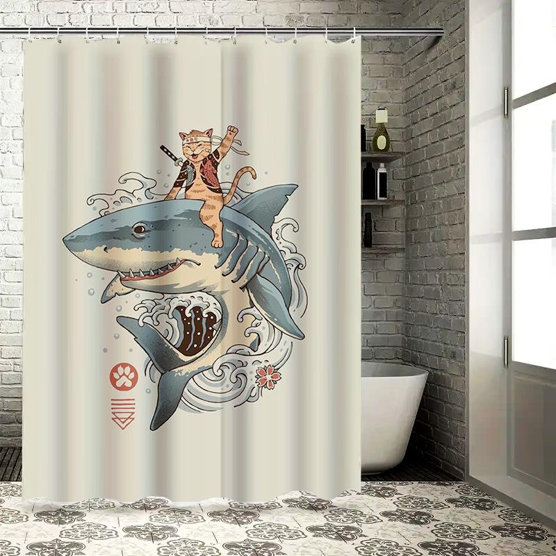 

Cat Riding Shark Waterproof Shower Curtain Heat Resistant Machine Washable Non-Transparent 180x180cm 90X180cm(35x70in)