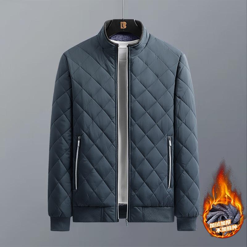 Men Stand Collar Fleece Lined Thick Warm Quilted Plaid Winter Cotton Jacket