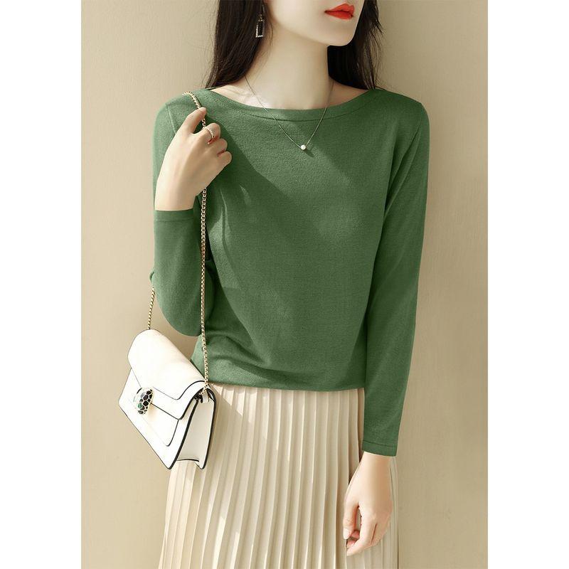 

Французский стиль с открытыми плечами, полурукав, вязаный, классный базовый топ Pea Green ~ Long sleeves 3XL