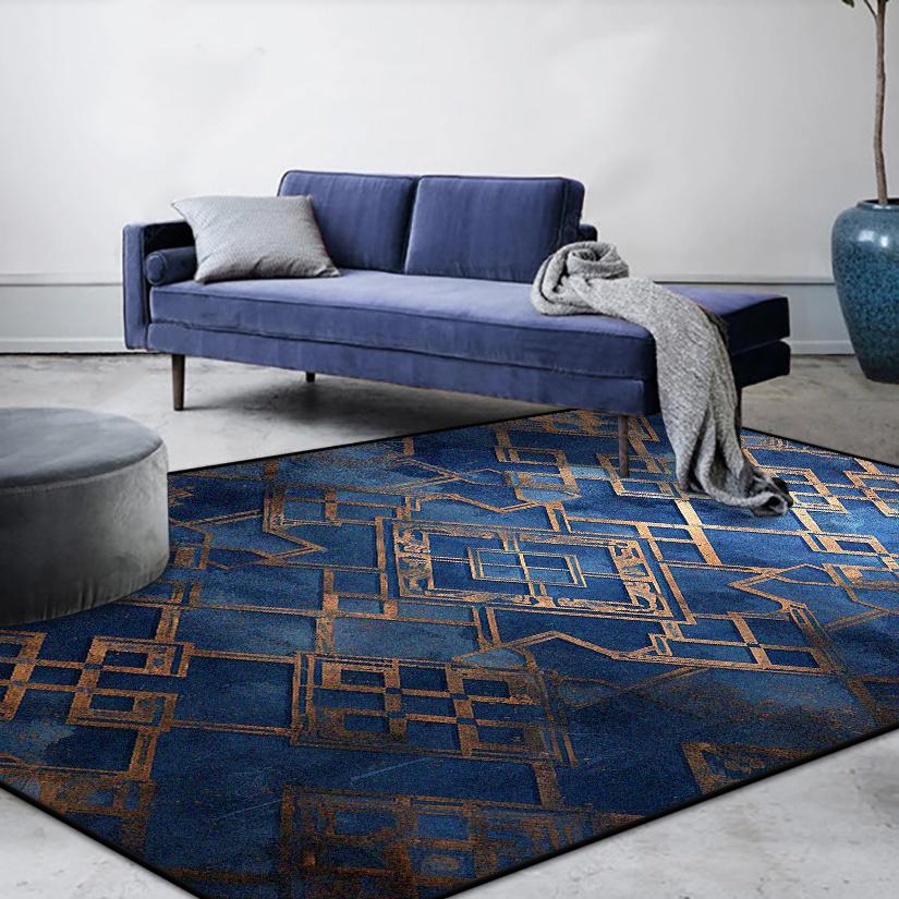 Modern Luxury Decoration Home Blue Carpet Golden Border Non-slip Living Room Rugs Soft Washable Sofa Table Mat Bedroom Decor