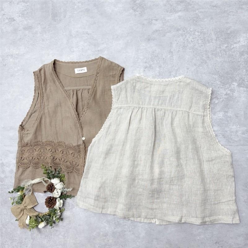 Johnature Japanese Heavy Industry Lace Clip Summer V-neck Loose Versatile Casual Tops