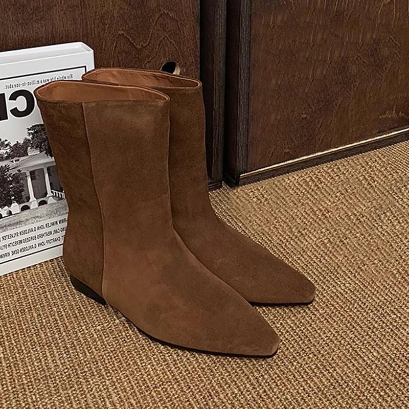 Sheepskin version large tube circumference suede pointed head medium boots low heel thick heel flat bottom retro fashionable Martin short boots
