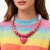 New Colorful Acrylic Heart Pendant Necklace for Women Summer Trendy Handmade Round Beads Y2K Choker Statement Jewelry Gift