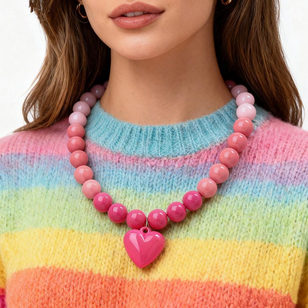 New Colorful Acrylic Heart Pendant Necklace for Women Summer Trendy Handmade Round Beads Y2K Choker Statement Jewelry Gift