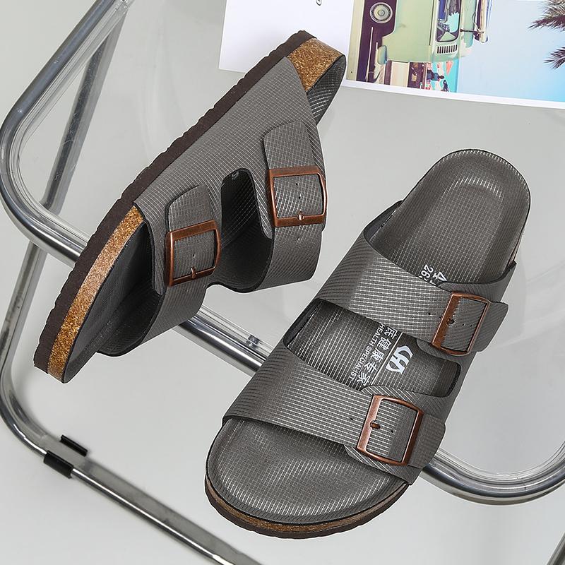 Summer Men's Cork Slippers Leather Slippers Man Soft Cork Two Buckle Versatile Beach Slides Non-slip Footwear for Men Size 35-46