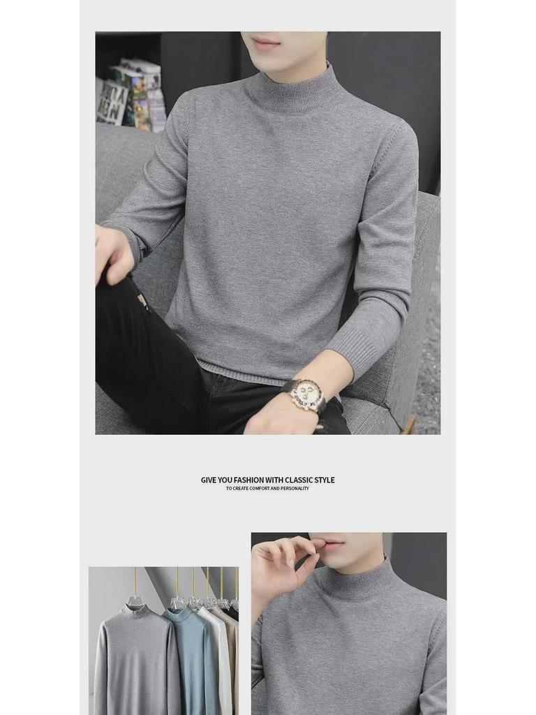Men's Black Slim Fit Mid-Neck Knitted Sweater - Half Turtleneck for Autumn/Winter