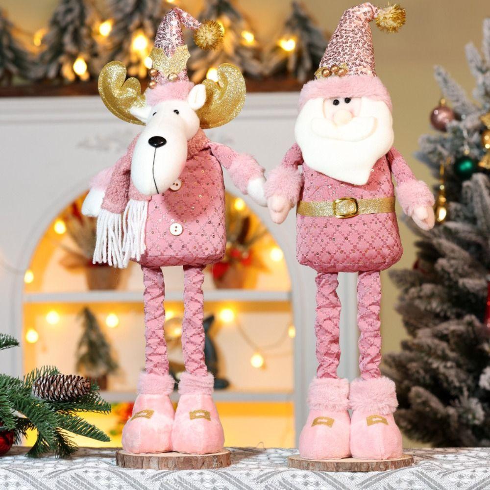 Pink Santa Claus Knitted Elk Doll Window Scene Christmas Decoration Xmas Ornament Telescopic Doll
