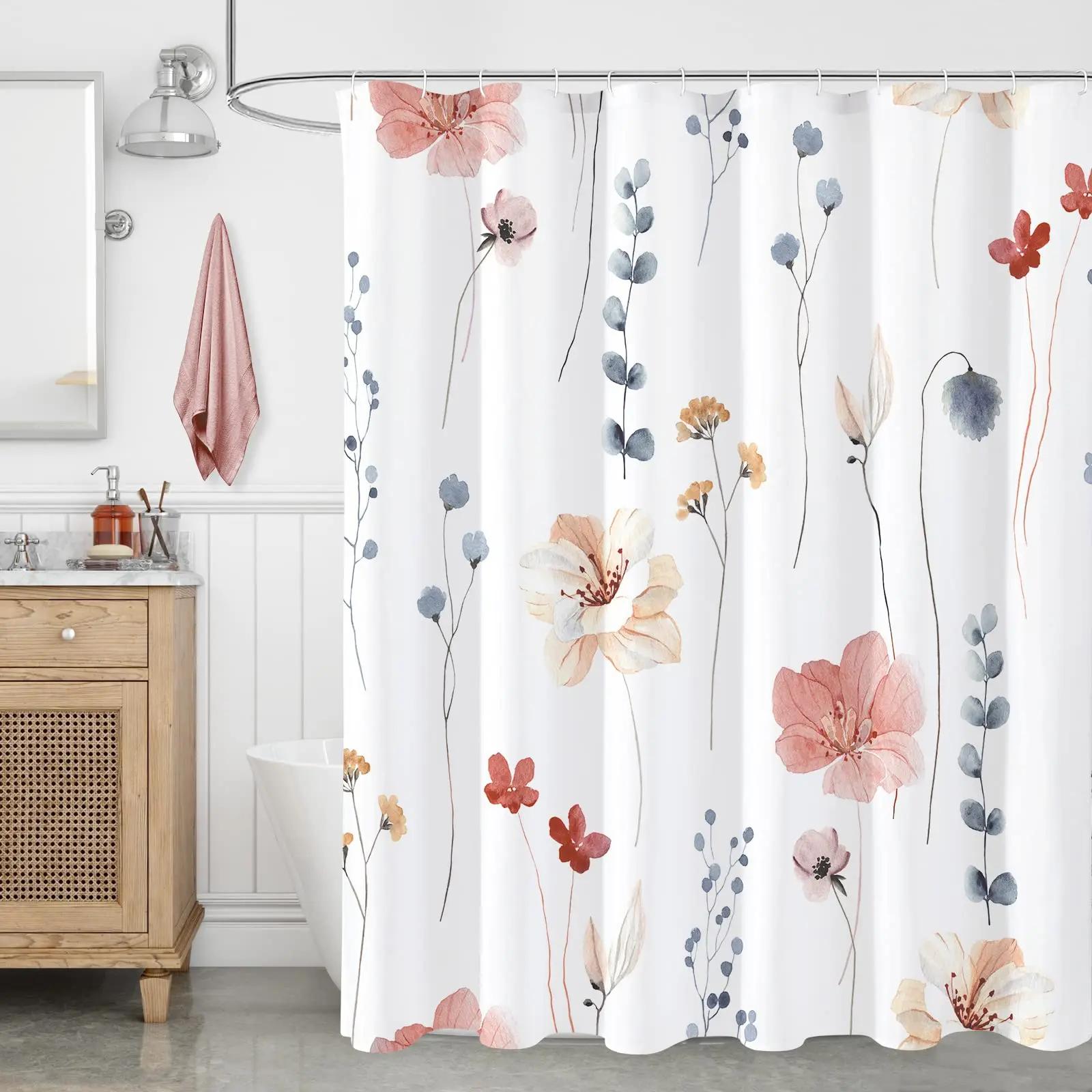 

Yellow And Grey Floral Shower Curtain, Watercolor Flower Bath Curtain For Bathroom, Minimalist White Waterproof Fabric With Hook W60H190(CM)-1 Pcs