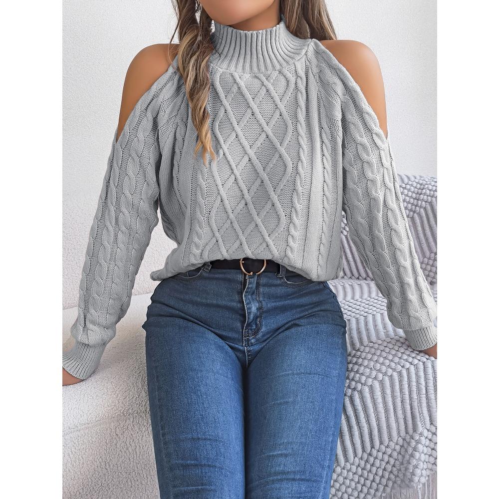 Women's Knitted Sweater Autumn/Winter Top Casual Cable-Knit Off-Shoulder Half-High Neck Long-Sleeved Pullover Women's Wear