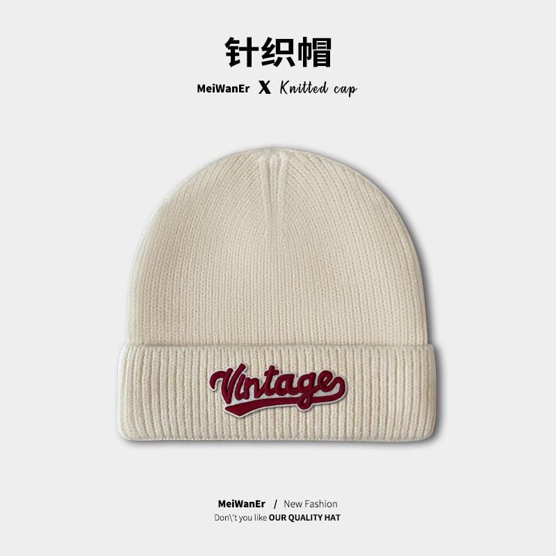 Hat Female Winter Japanese Simple Versatile Wool Hat Student Couple Cold Hat Warm Letter Knitted Hat Male