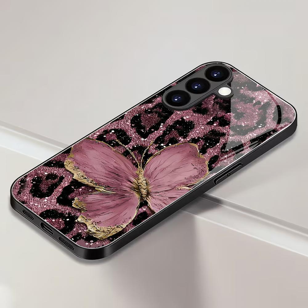 Leopardo drugelio grūdinto stiklo telefono dėklas, tinkamas Samsung Galaxy S26 S25 S24 S23 S22 S21 S20 FE/Ultra/Plus, apsaugantis nuo kritimo