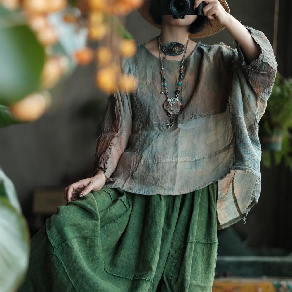 Johnature Women Vintage Patchwork Color Tie-dye T-Shirts O-Neck Long Sleeve Autumn Linen Loose Female T-Shirts