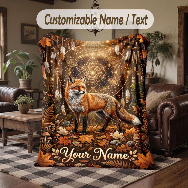 Wolf Fox Theme Throw Blanket Custom Name Text Personalized Blanket Soft Cozy Blanket for Home Sofa Bed