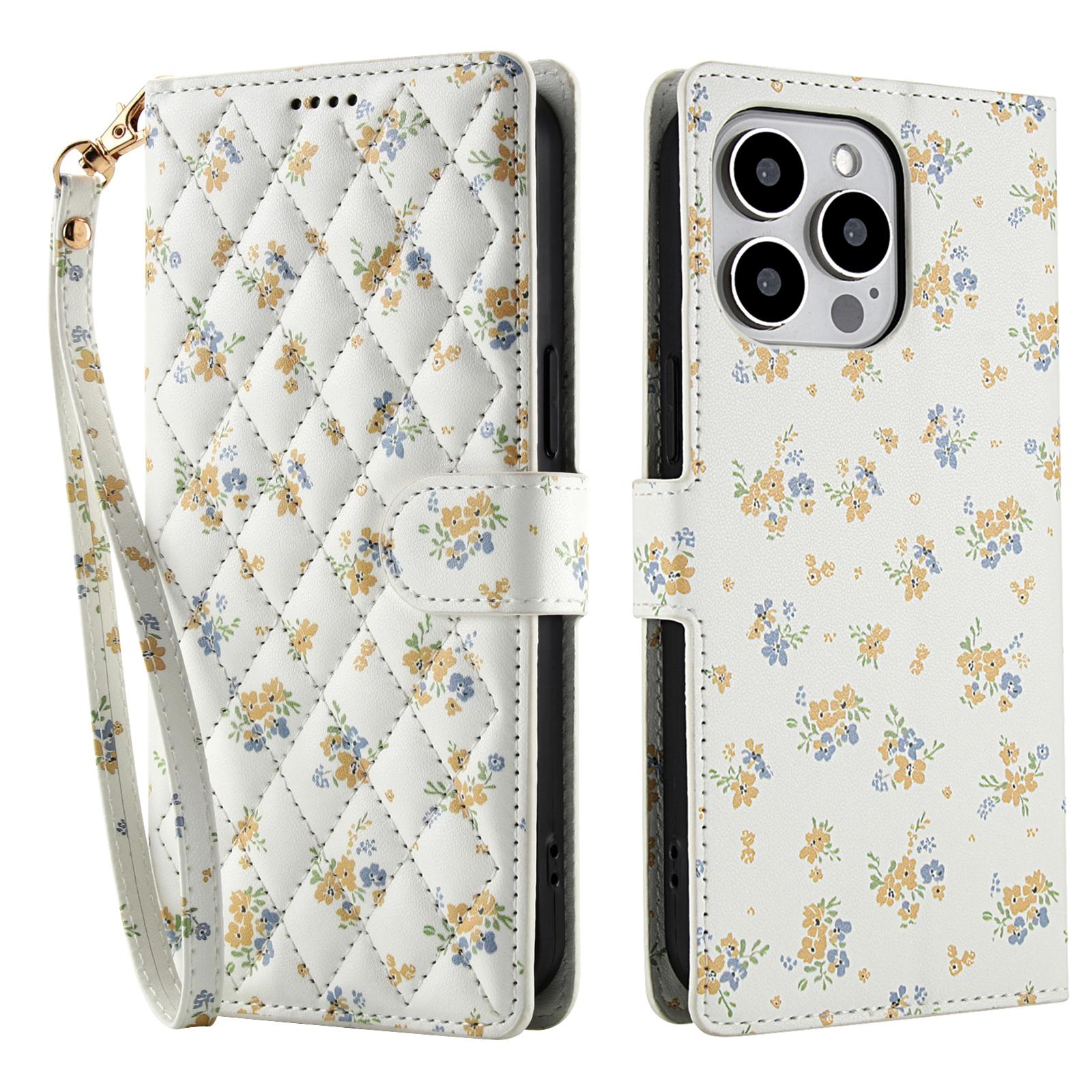 

For iPhone 16 Pro Wallet Case Rhombic Floral Design Leather Flip Phone Cover with Strap A5