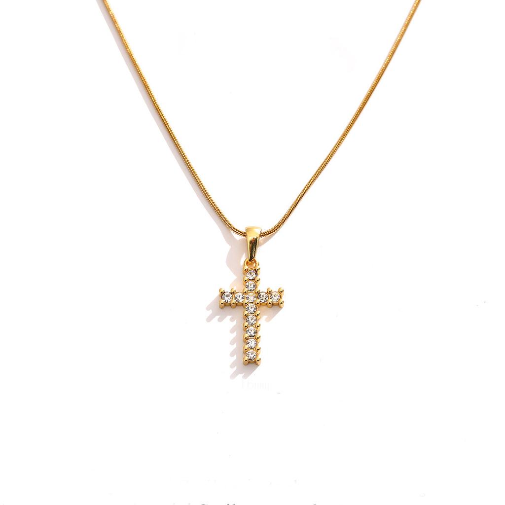 Luxury Full Zircon Cross Pendant Necklace - Titanium Stainless Steel 18K Gold Plated Shimmering Crucifix with Delicate Snake Chain