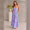 Women's Strapless Sleeveless Midi Dress Loose Mid Waist Vertical Stripe Printed Polyester Micro Elastic Tiered Ruffle Summer Vacation Maxi Dress