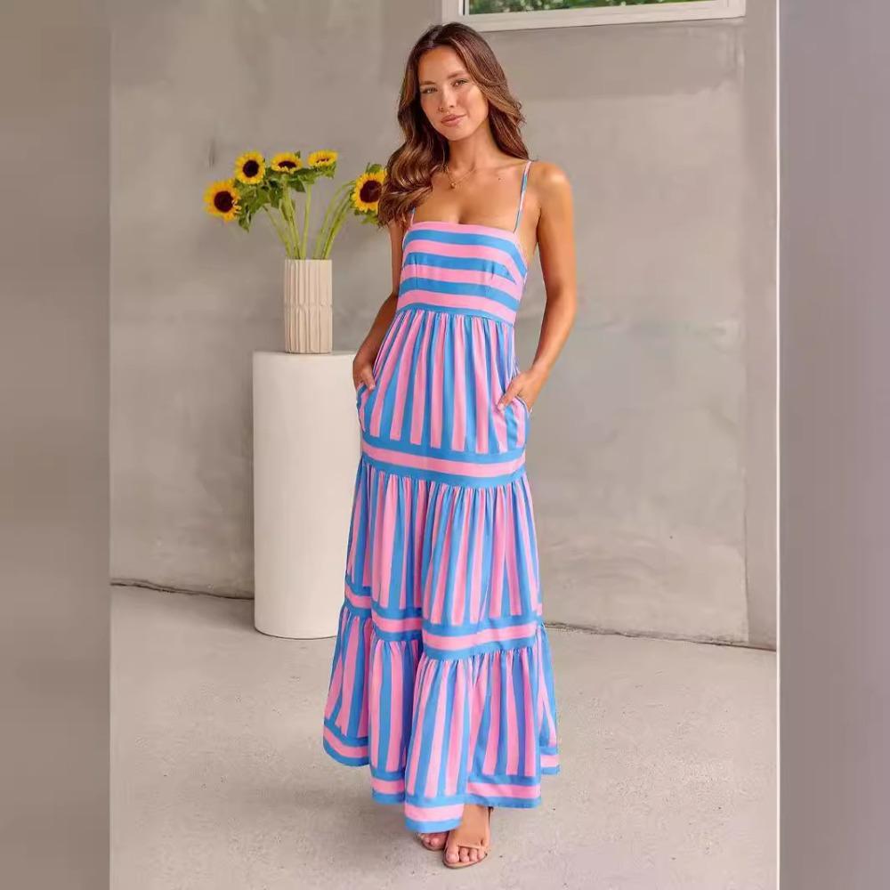 Women's Strapless Sleeveless Midi Dress Loose Mid Waist Vertical Stripe Printed Polyester Micro Elastic Tiered Ruffle Summer Vacation Maxi Dress