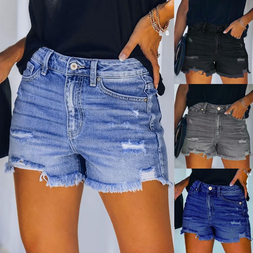 Women Summer Denim Shorts High Waist Ripped Hole Stretch Jean Short Pants