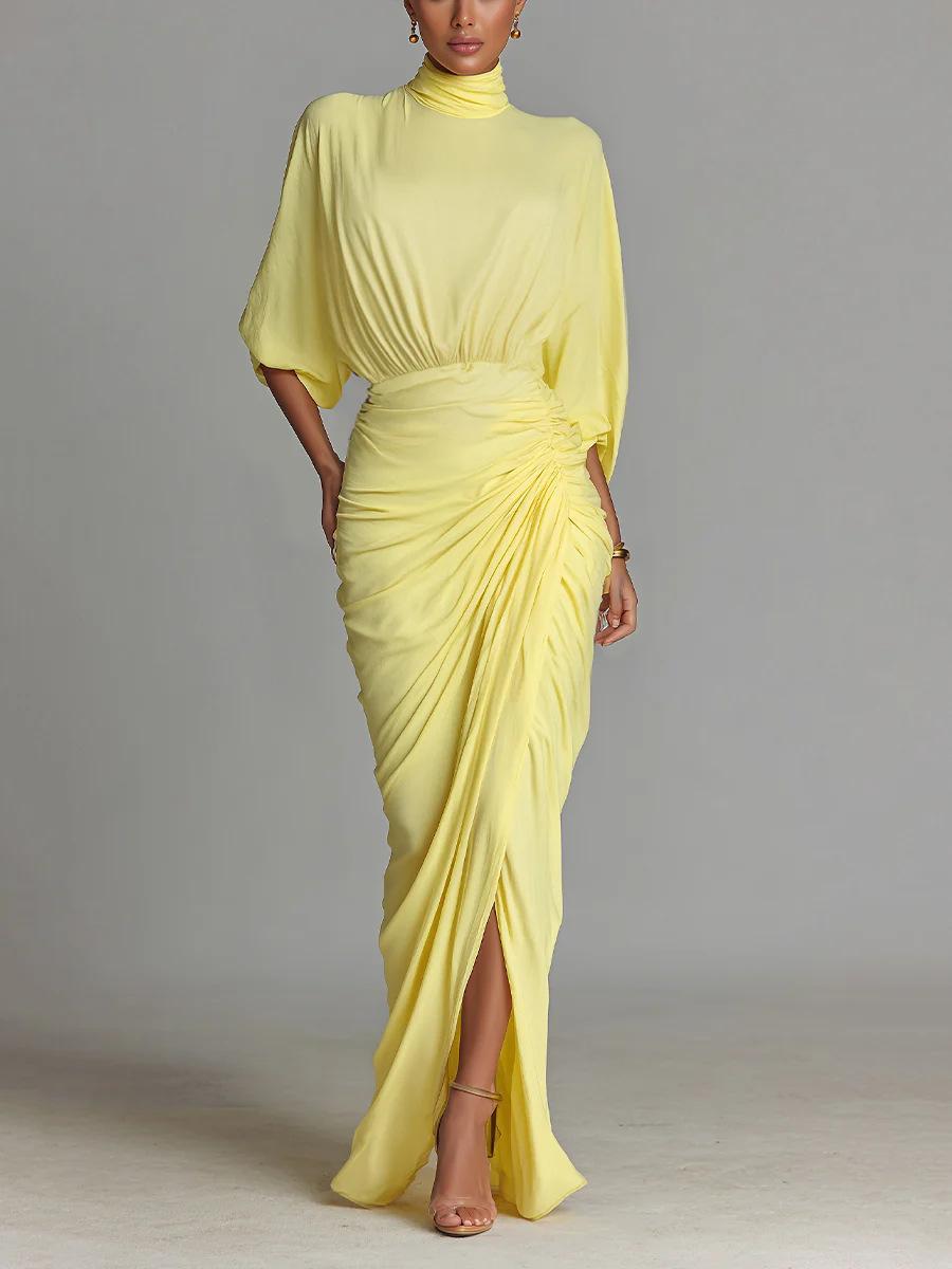 European and American women s clothing, yellow pleated waist dress, high-necked long summer vacation style S жёлтый