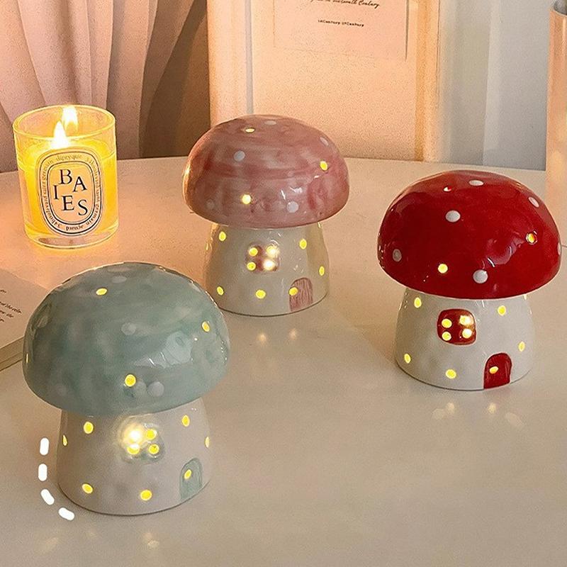 Lâmpada de Noite Criativa Pequena de Cogumelo Luz de Cabeceira Decoração de Casa Cerâmica Fofa Lâmpada de Noite de Cogumelo Presente de Aniversário