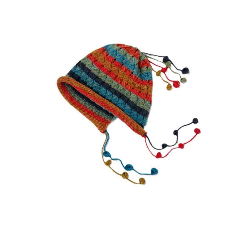 Korean Fashion Designer's Handmade Crochet Colored Ball Wool Hat For Children's Autumn And Winter Lace Up Tassel Pullover Hat