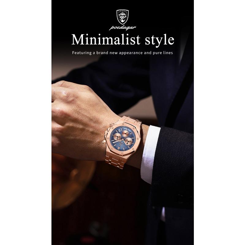 POEDAGAR Luxury Men's Watches Stainless Steel Date Chronograph Male Watch Waterproof Luminous Military Quartz Wristwatch