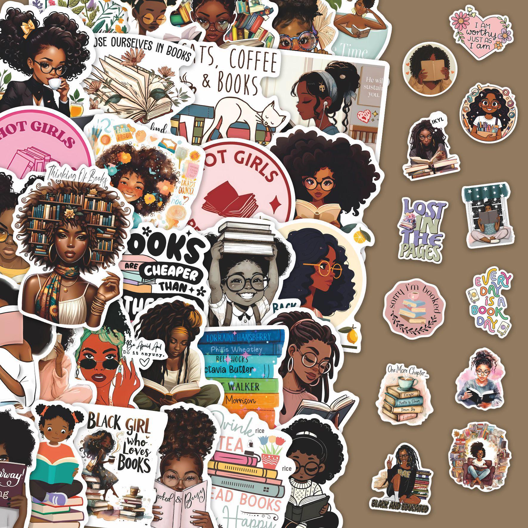 

50 Black Girl Reading Graffiti Stickers: Waterproof, Self-Adhesive Decals for Journals, Suitcases, Cups, and Refrigerators серый