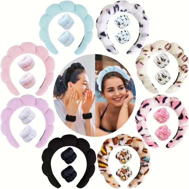3pcs Sponge Spa Headband with Wristbands for Washing Face Wide Padded Headband Skin Care Makeup Removal Shower for Women Girls