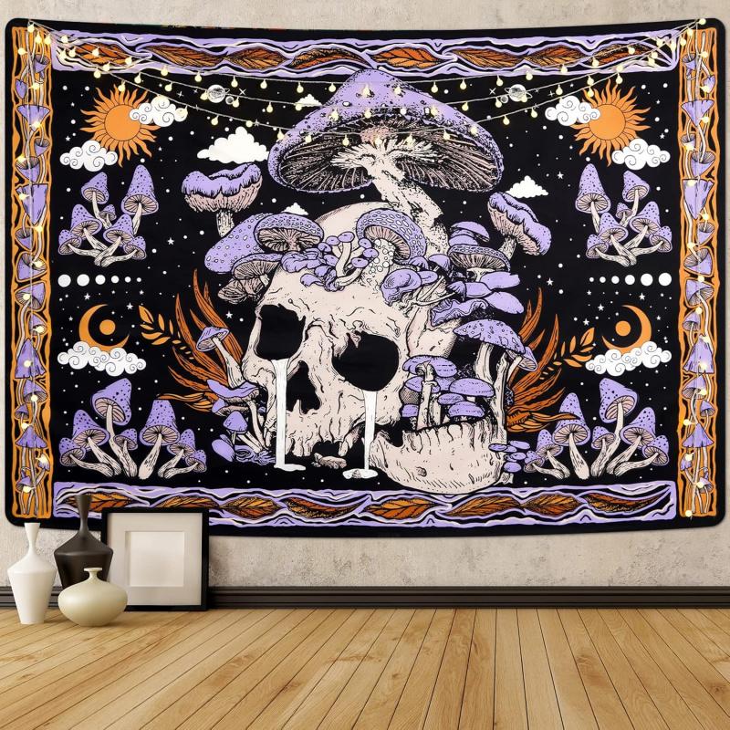 VIKAMA Psychedelic Purple Mushroom Skull Tapestry Dark Cosmic Elements Wall Decoration Tapestry Gothic Bedroom Accent