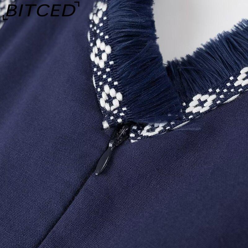 BITCED Damen Sommer Mode V-Ausschnitt Fransen Patchwork Maxikleid mit vollem Rock