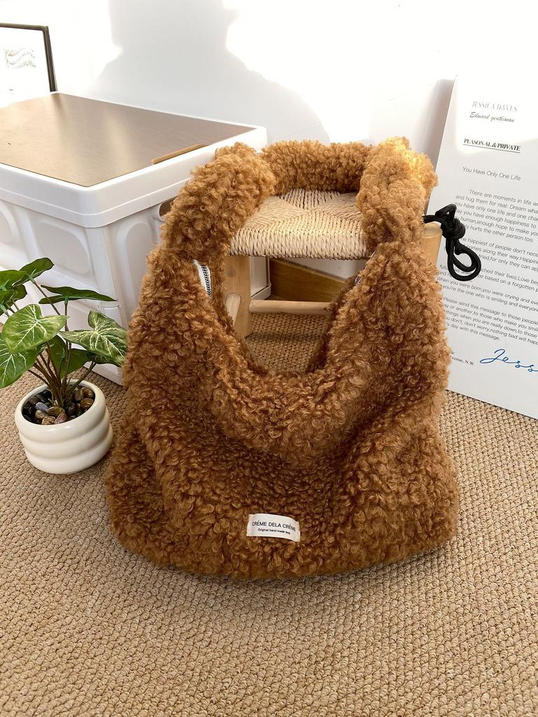 Einfache einfarbige Damen-Schultertasche aus Kunstlamm-Wolle, große Kapazität, Damen-Umhängetasche, lässige vielseitige Damen-Tragetasche