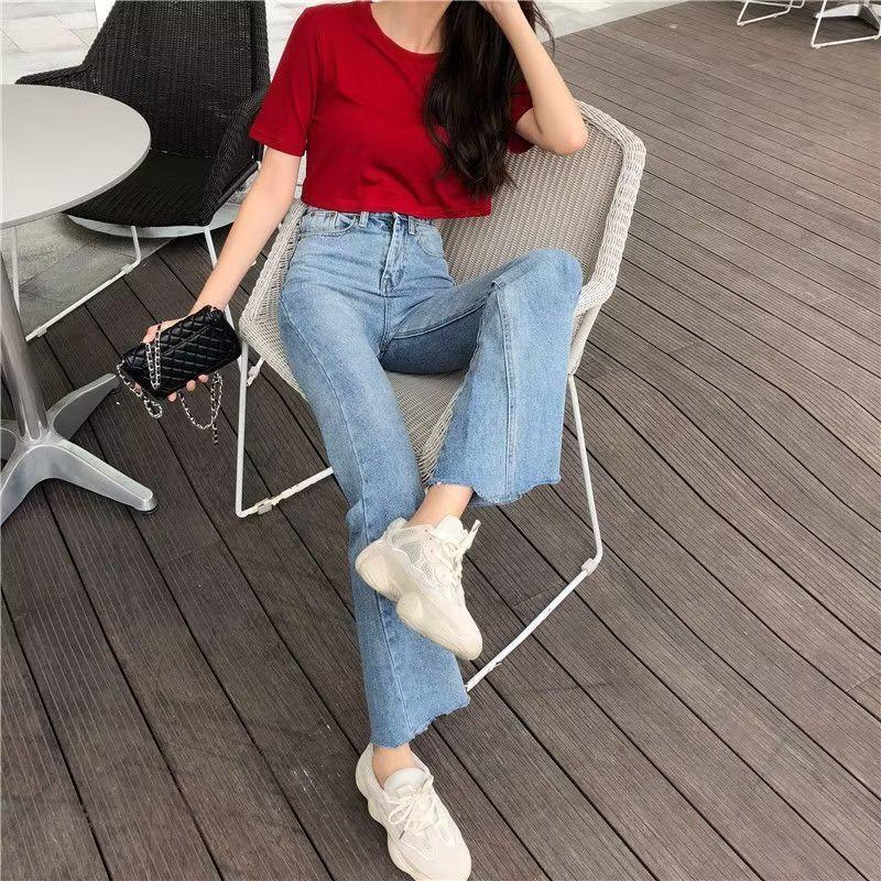 Retro Hong Kong Style High-Waisted Flared Denim Pants - Women's Slim Fit for Spring & Autumn