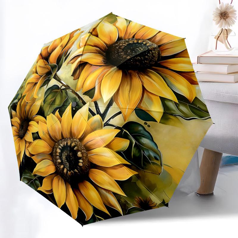 1pc Sunflower Garden Automatic Folding Umbrella, Lightweight Retractable Compact Travel Umbrella, 8-Rib Sturdy Frame, Fine Outdoor Umbrella121