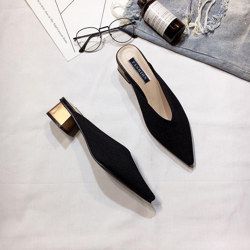2020 spring and summer new bag head half slippers women's flying woven mid-heel pointed Mueller shoes thick heel wear lazy cool slippers