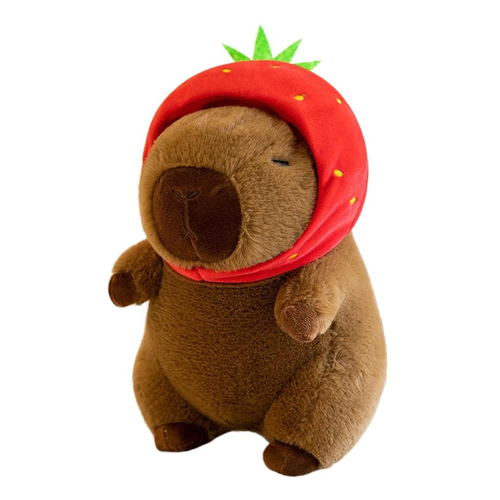 Capybara Plush Body Extra with Removable Strawberry Gift Pillow, Large, Hat, Cute, Fluffy, Fun, Strawberry, Toy, Comfortable, Soothing, Gift, Brown,