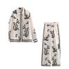 Kaslead New Arrival Women's Clothing Fashion Style Fashion Positioning Satin Print Shirt Casual Pants Suit