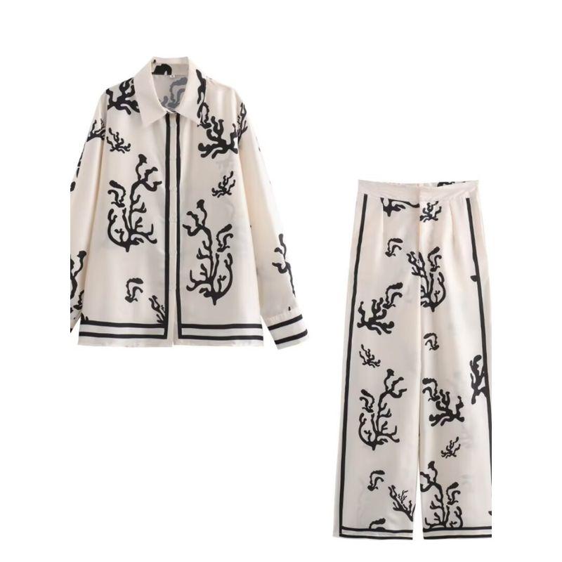 Kaslead New Arrival Women's Clothing Fashion Style Fashion Positioning Satin Print Shirt Casual Pants Suit