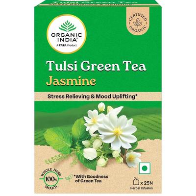 ORGANIC INDIA Tulsi Green Tea Jasmine by TATA – 25 Tea Bags, Soothing Aromatic Blend, Mood Uplifting, Antioxidant-Rich Herbal Tea