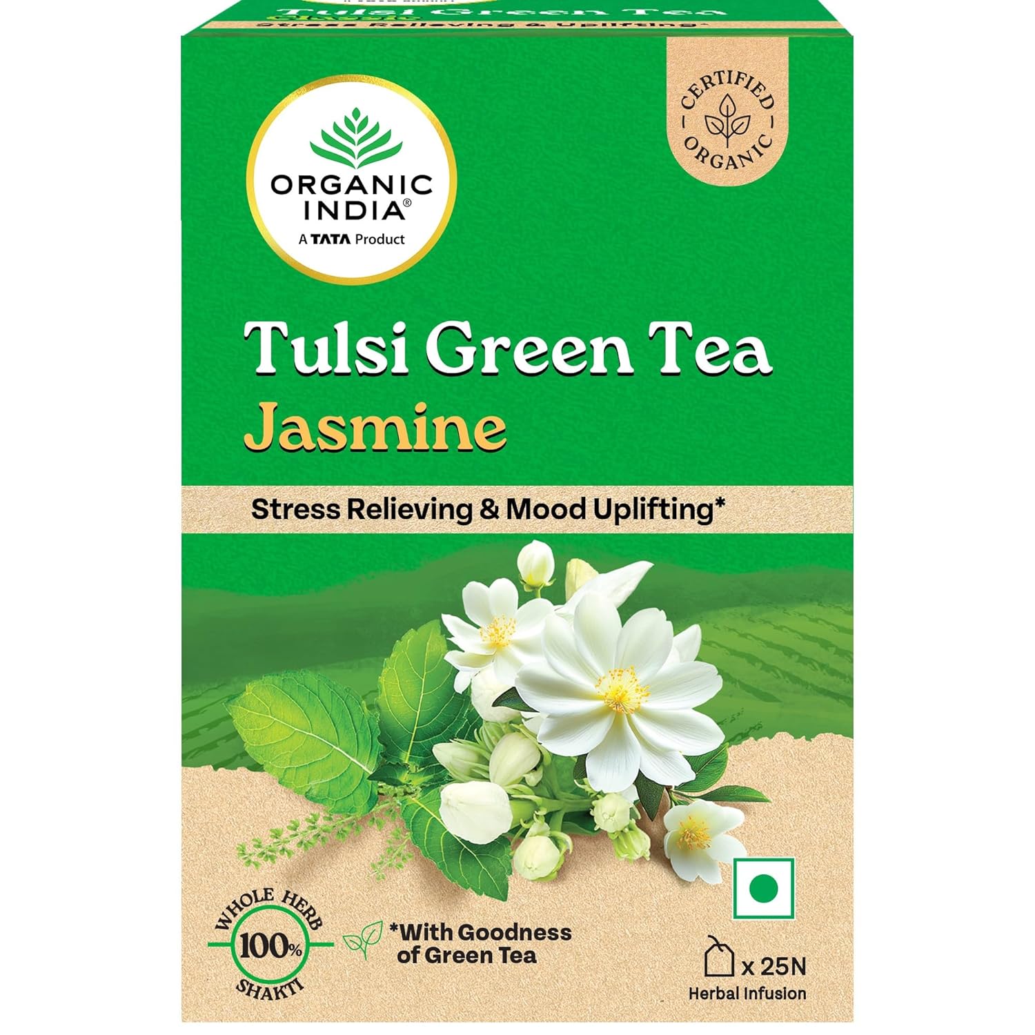 

Organic India Tulsi Green Tea Jasmine by TATA – 25 Tea Bags, Soothing Aromatic Blend, Mood Uplifting, Antioxidant-Rich Herbal Tea