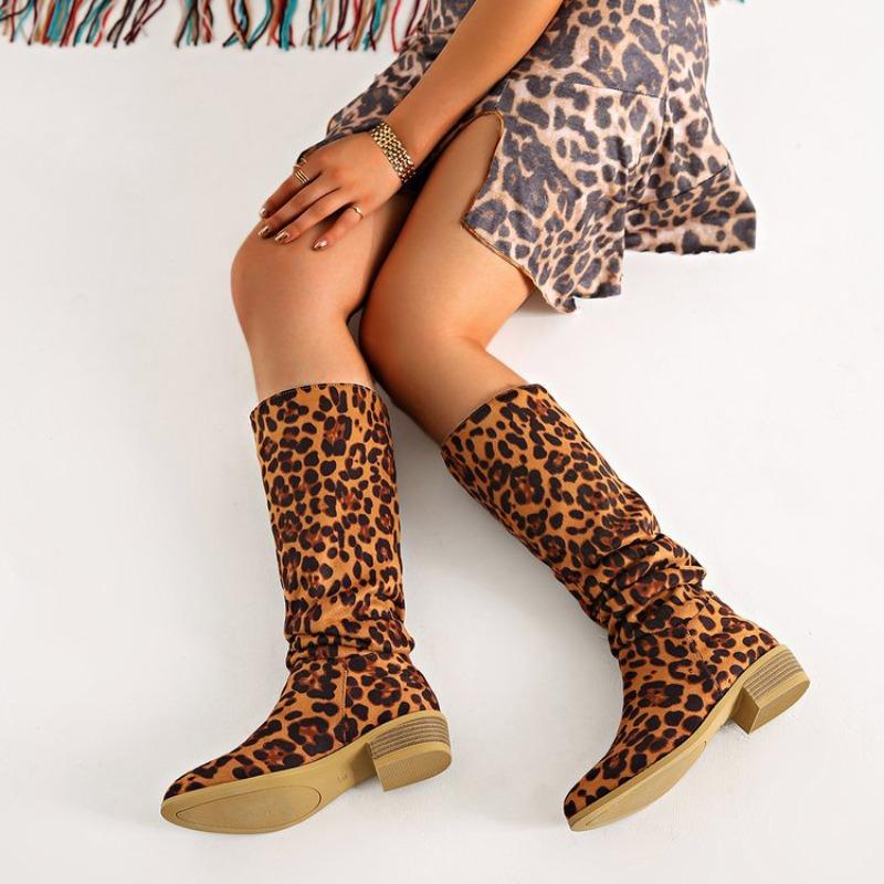 Large size leopard print tall tube but knee fashion boots autumn and winter square and round head women's boots