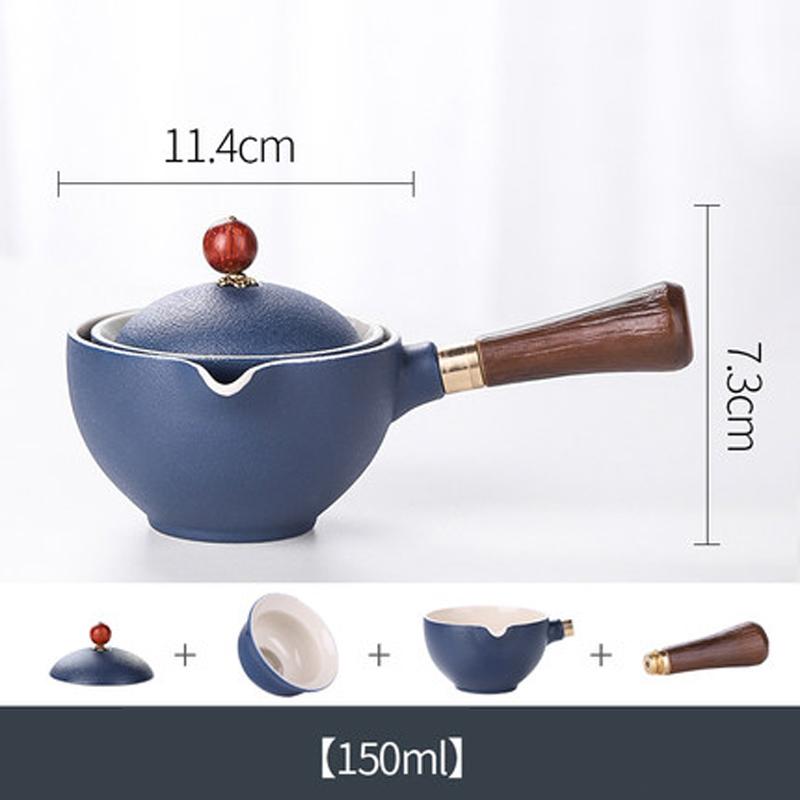 Portable Flower Ceramic Automatic Spinning Kung Fu Teapot with Wooden Handle, Side-handle Tea Pot, Teaware Filter,150ml