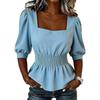 Women Puff Sleeve Smocked Waist Square Neck Blouse Ruffle Hem Solid Color Shirt Casual Top for Daily Wear