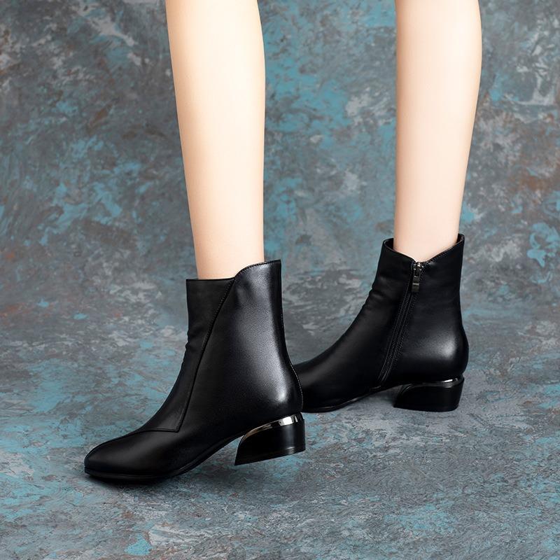 Short Boots Women's Single Boots Fleece Warm Cowhide Medium Boots Martin Boots Autumn and Winter Snow Boots Women's Cotton Shoes Boots