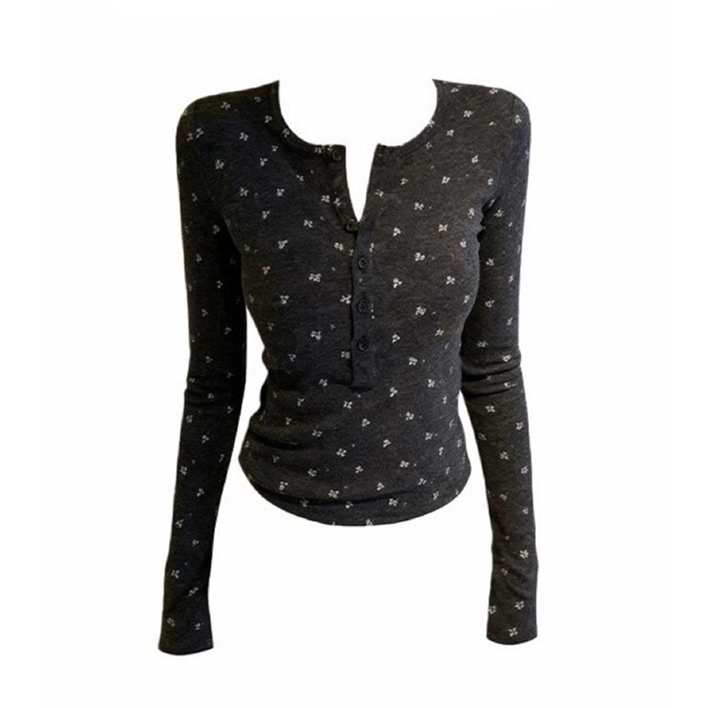

Pure Desire Women s Grey Floral Long-Sleeve Slim-Fit T-shirt - 2026 Autumn/Winter Korean Style Base Layer Top Small