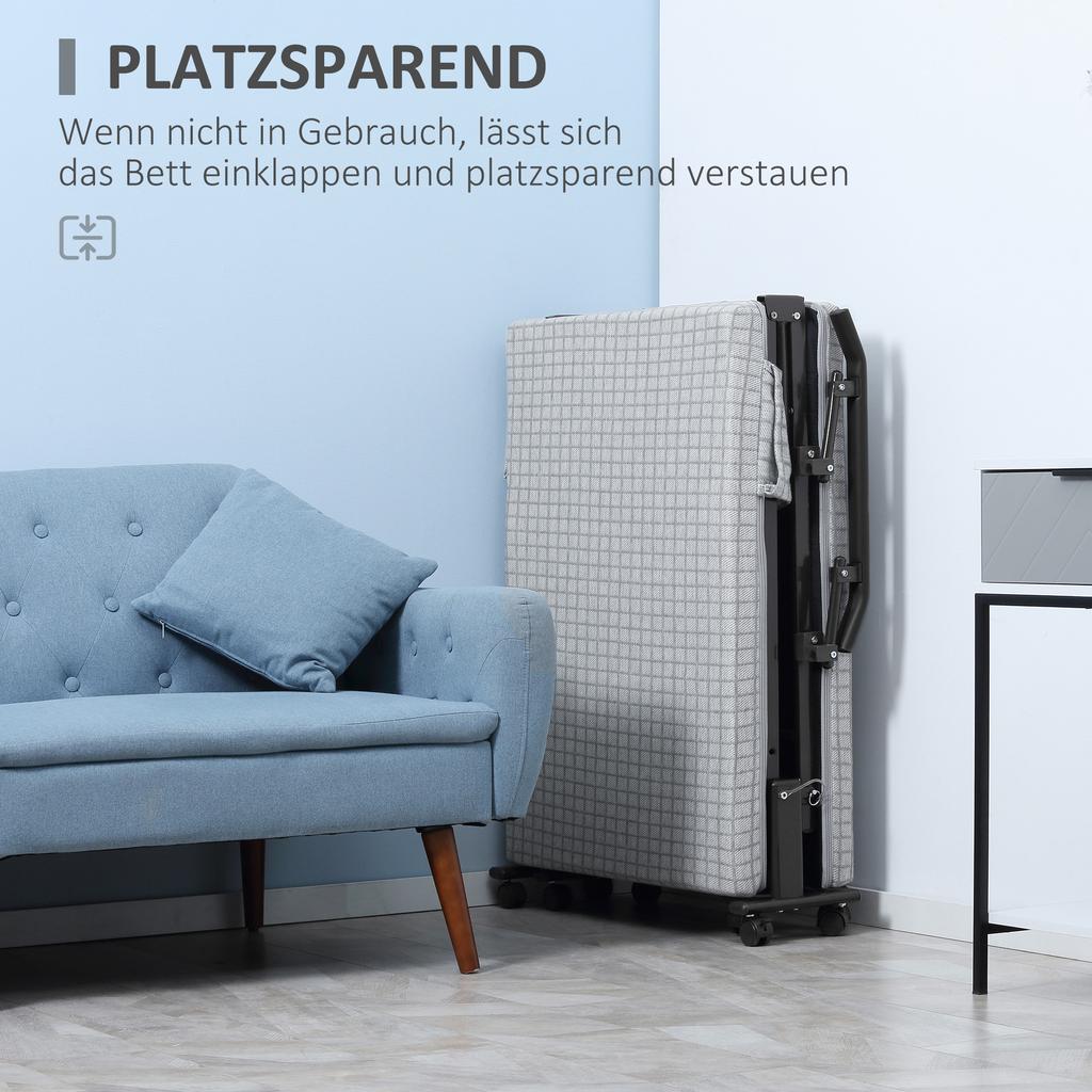Folding Bed, Guest Bed, Reclining Backrest, Armrests, 8 Wheels, Steel Frame, Light Grey+Black, 190 X 76 X 33cm