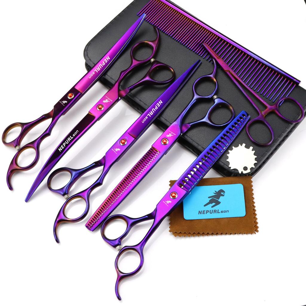 8.0 Inch Nimpson Purple 5-Pack, High-End Pet Grooming Scissors, Straight Scissors, Curved Scissors Pet Set