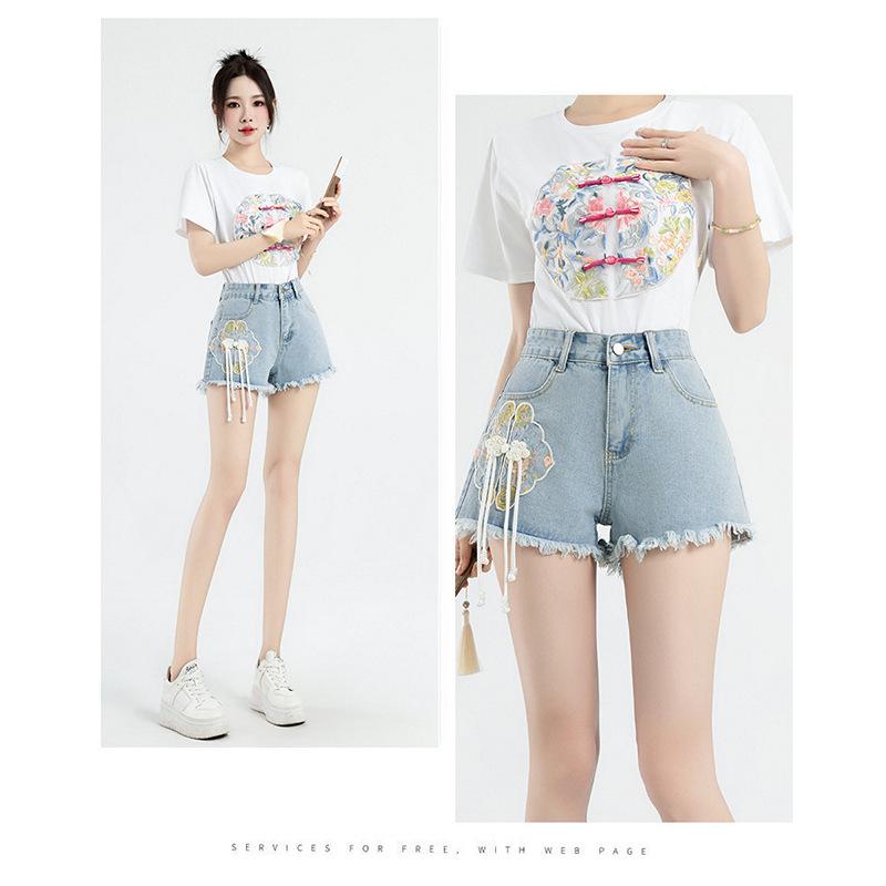 Neuer Chinesischer Stil Nationaler Stil Denim Shorts Damen Sommer Mode Personalisierte Stickerei Nationale Mode A-Linie Hotpants