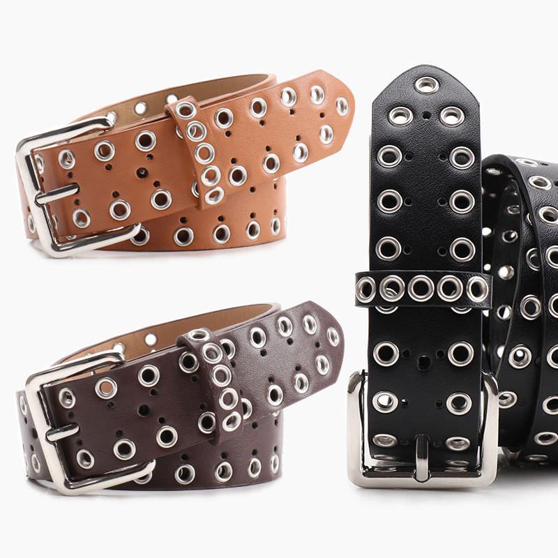 Women Metal Hollowed Leather Belt With Solid Color And Alloy Fashion Buckle
