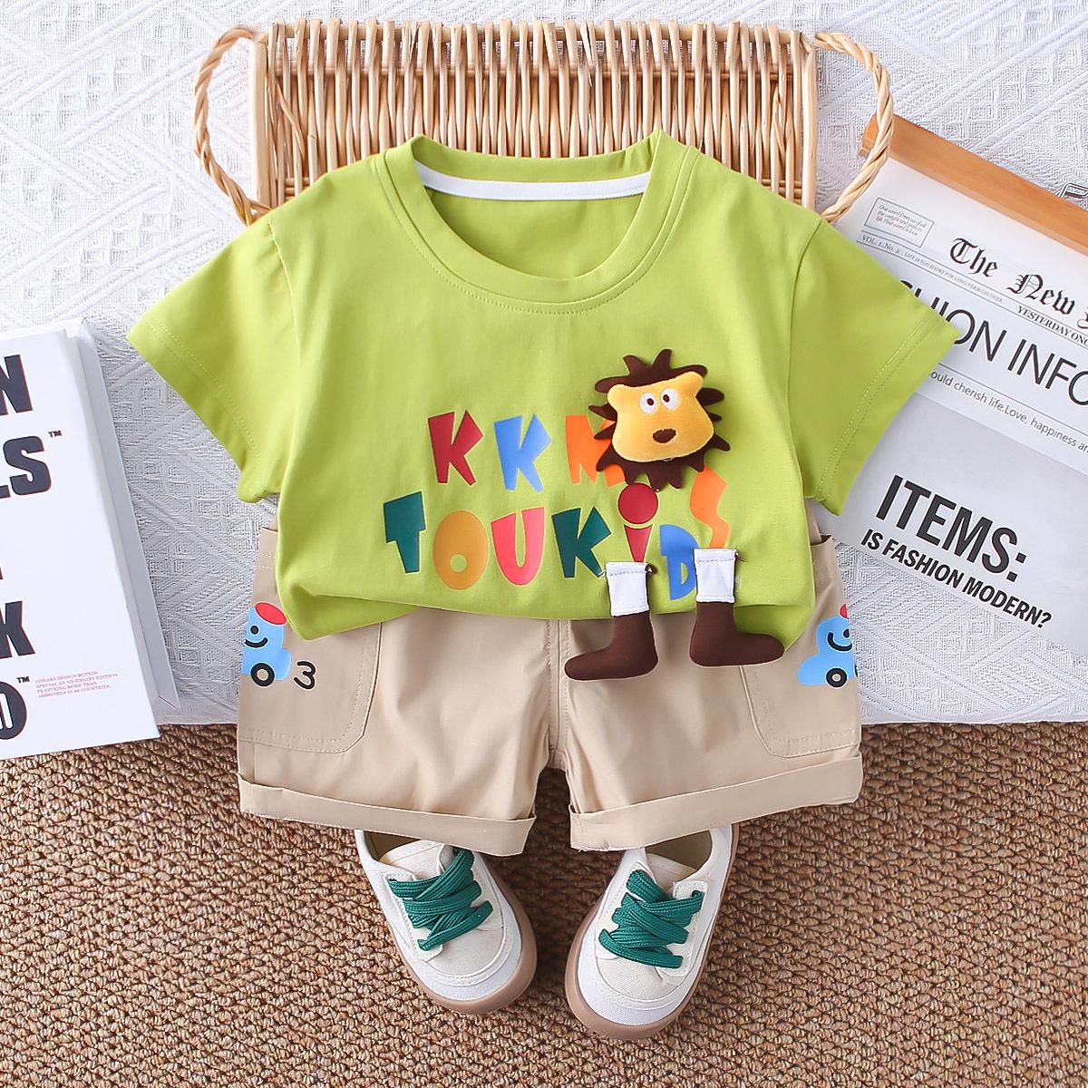 

Летний детский комплект из двух частей с надписью и цветными блоками Маленький львенок на 2025 год (Короткая рукава) для мальчиков и девочек 90cm зелёный