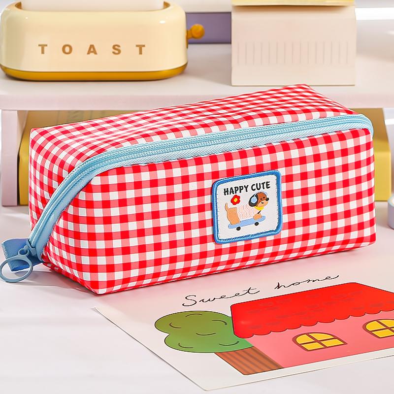 Plaid & Prism Square Pencil Case Pen Bag Cute Dog Korean Style Lattice Multi Pocket Storage Pouch for Stationery